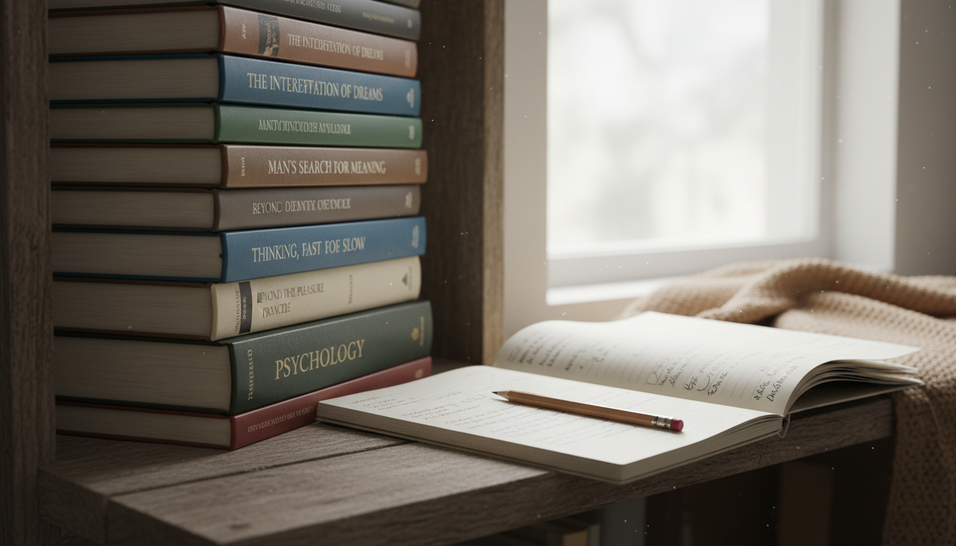 стопка книг по психологии на полке, рядом блокнот с записями и карандаш