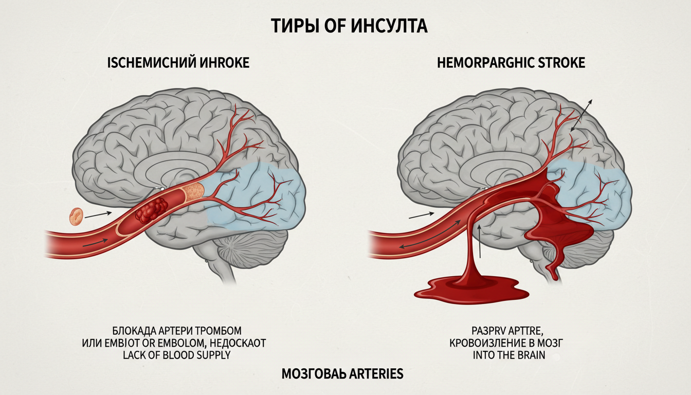 Медицинская схема двух типов инсульта — ишемического и геморрагического, мозговые артерии