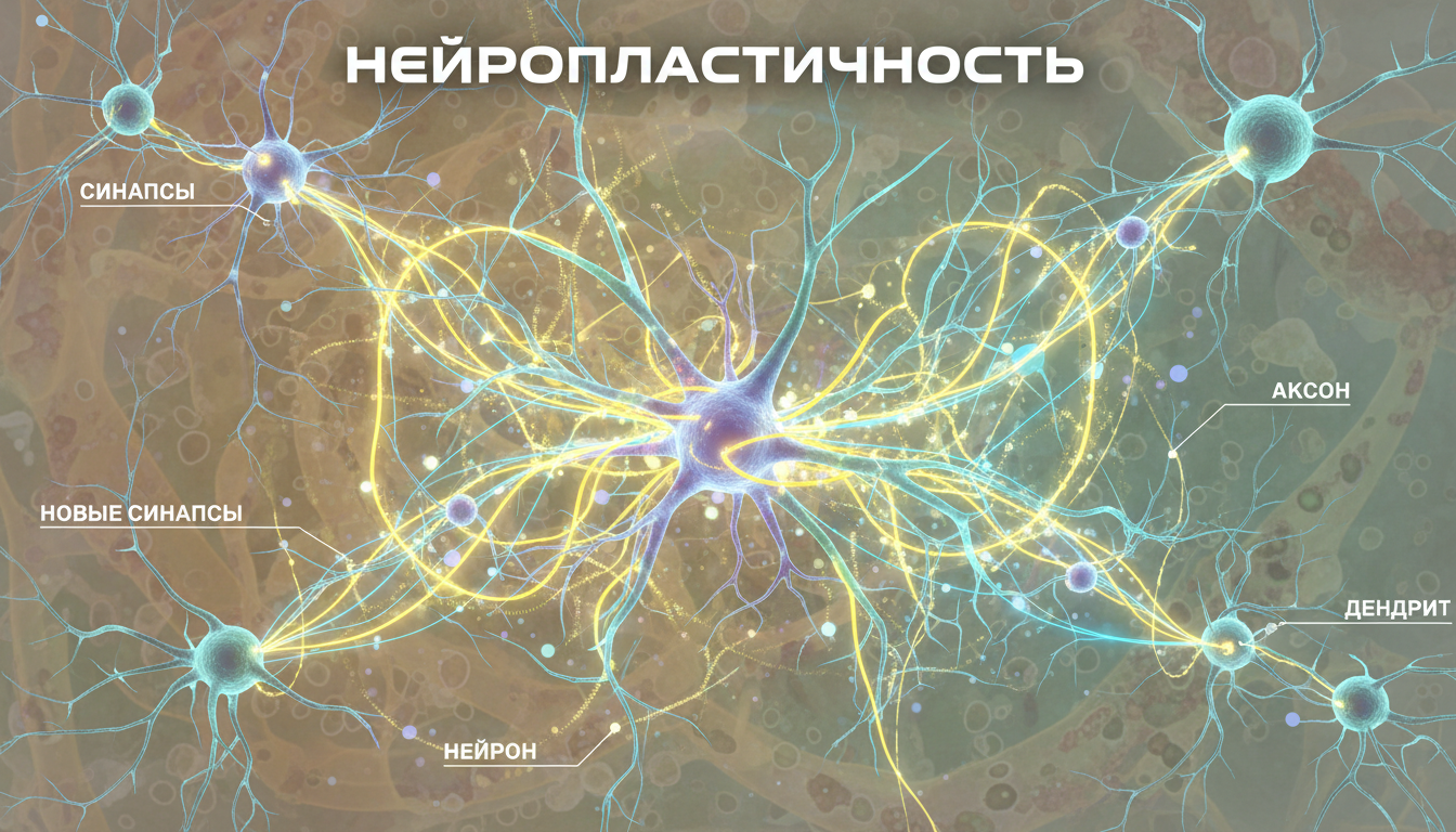 Схема нейропластичности: новые синаптические связи между нейронами, яркие пути на фоне восстановленной нервной ткани