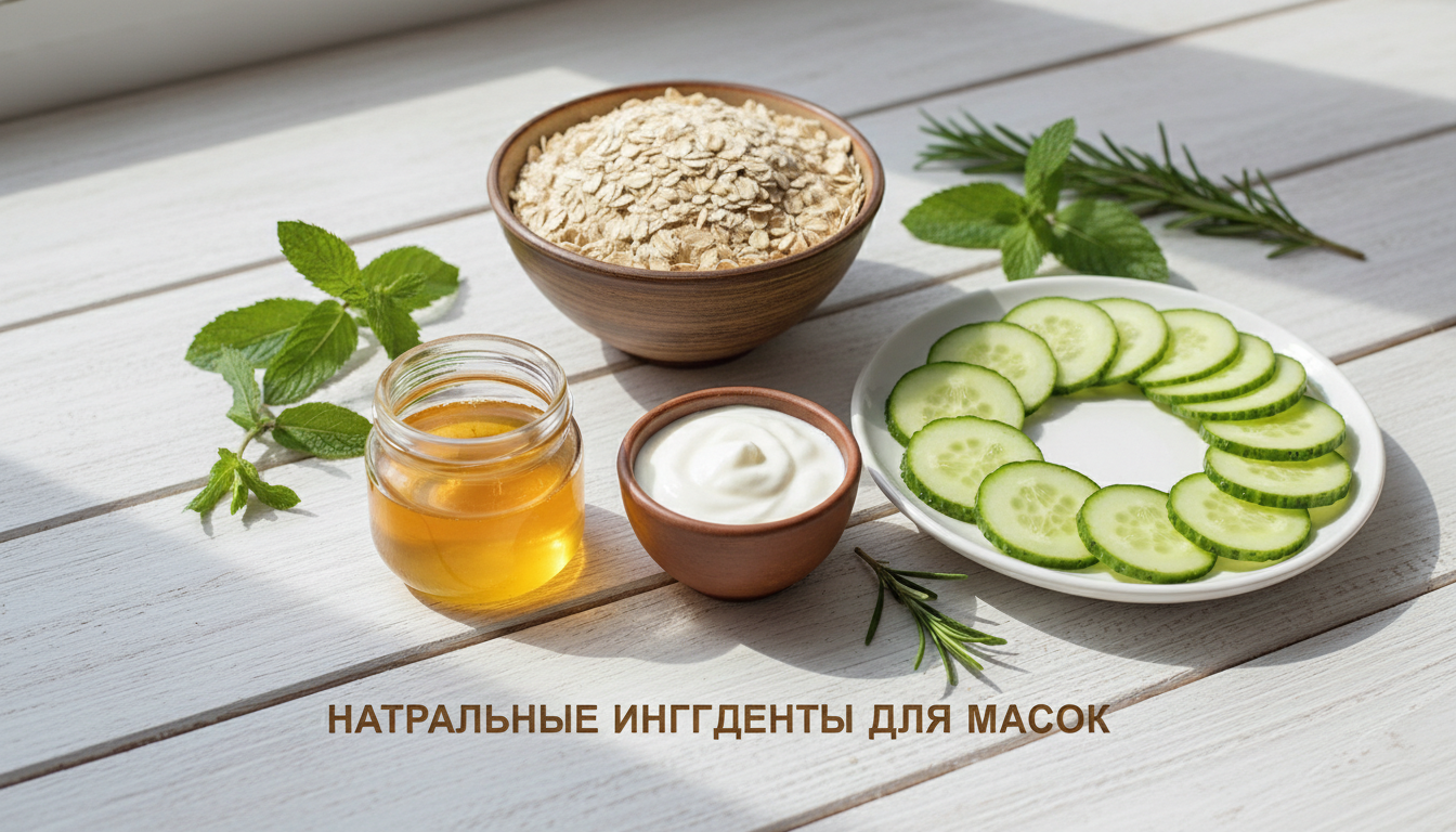 Натуральные ингредиенты для масок — мёд, овсянка, огурец, йогурт — на светлом деревянном столе