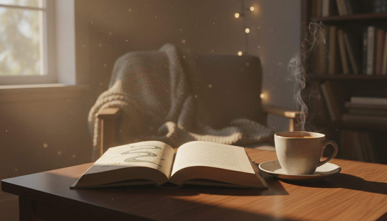 Раскрытая книга на столе рядом с чашкой чая, мягкий вечерний свет, уютная домашняя обстановка