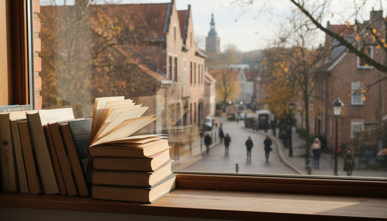 стопка книг в мягких обложках на подоконнике, осенний городской пейзаж за окном, дневной свет