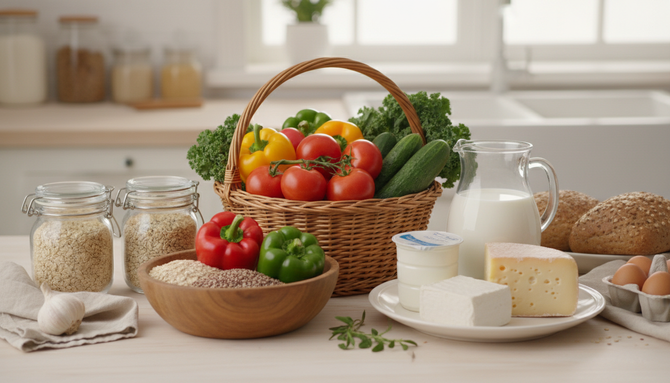 Свежие овощи, крупы и молочные продукты на светлом кухонном столе