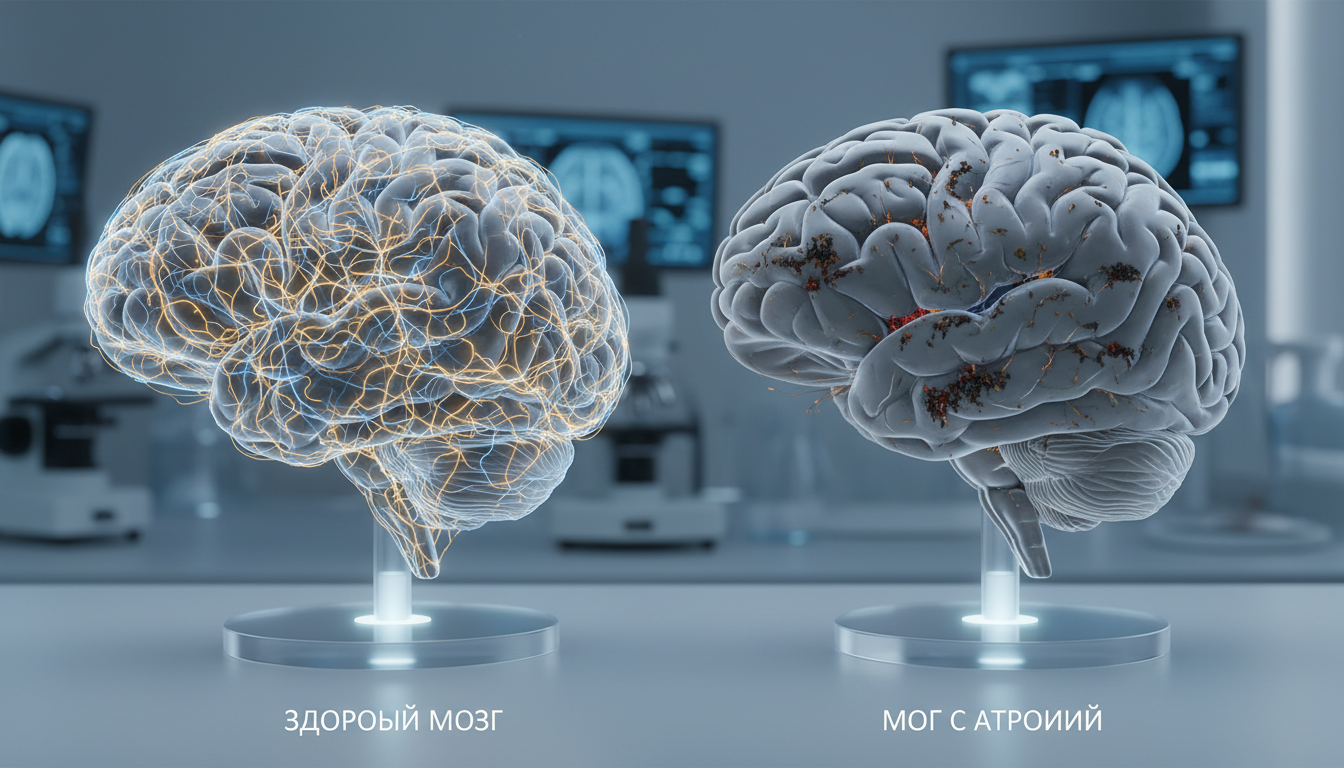 Сравнительная модель здорового мозга и мозга с атрофическими изменениями, нейронные структуры, медицинский контекст