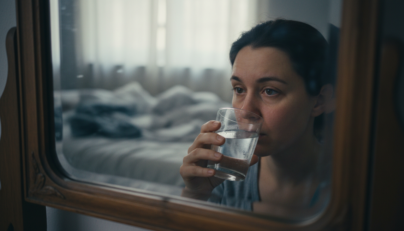 Утреннее отёчное лицо, стакан воды, зеркальное отражение, тусклая кожа