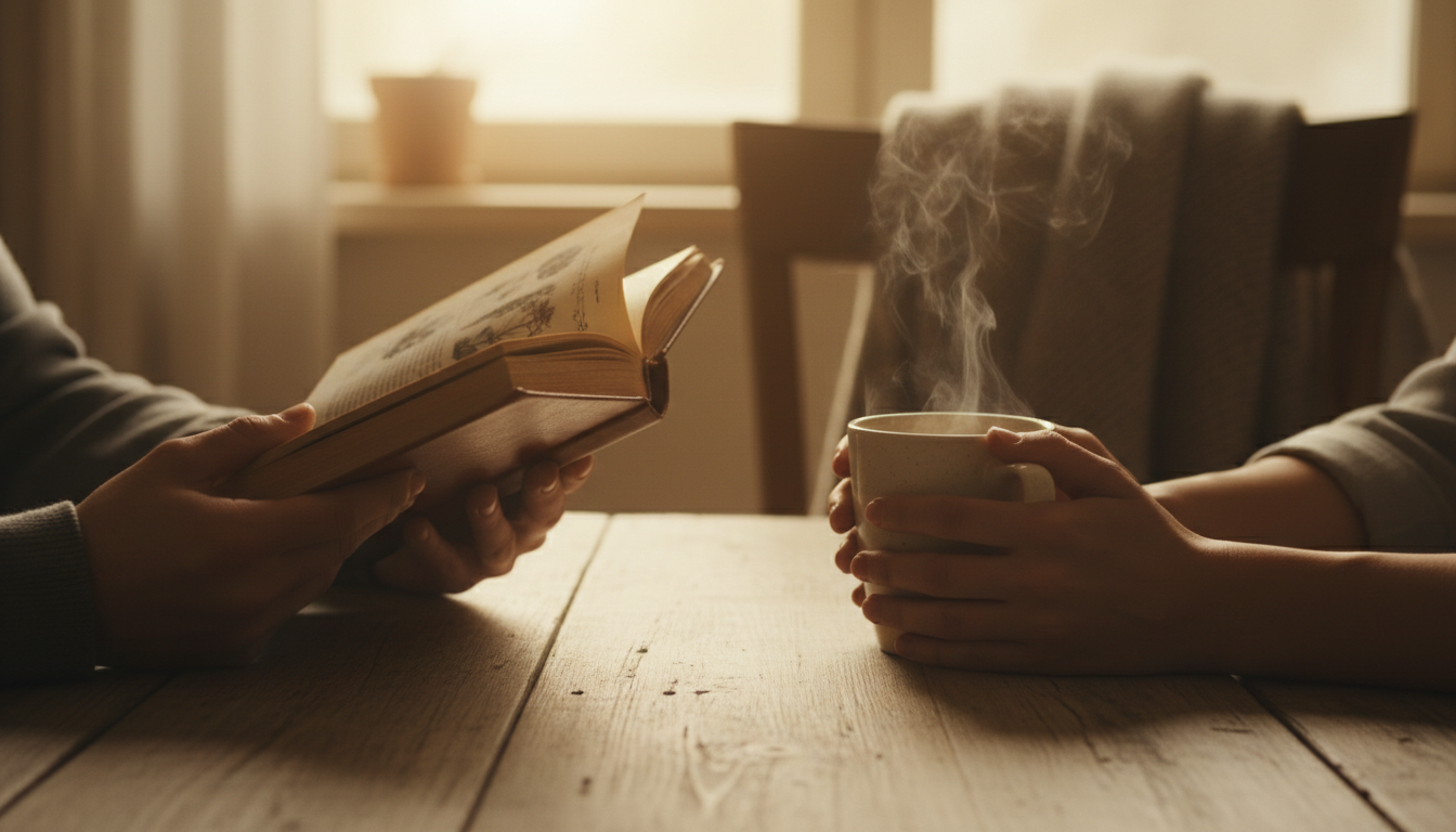 Две пары рук на деревянном столе, одна держит раскрытую книгу, другая — чашку, тёплые тона, ощущение поддержки