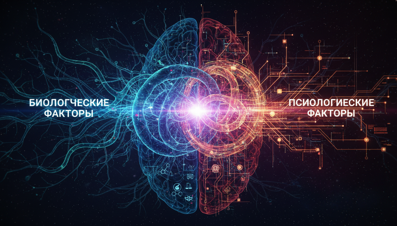 переплетённые нейронные сети, символизирующие сложную взаимосвязь биологических и психологических факторов зависимости