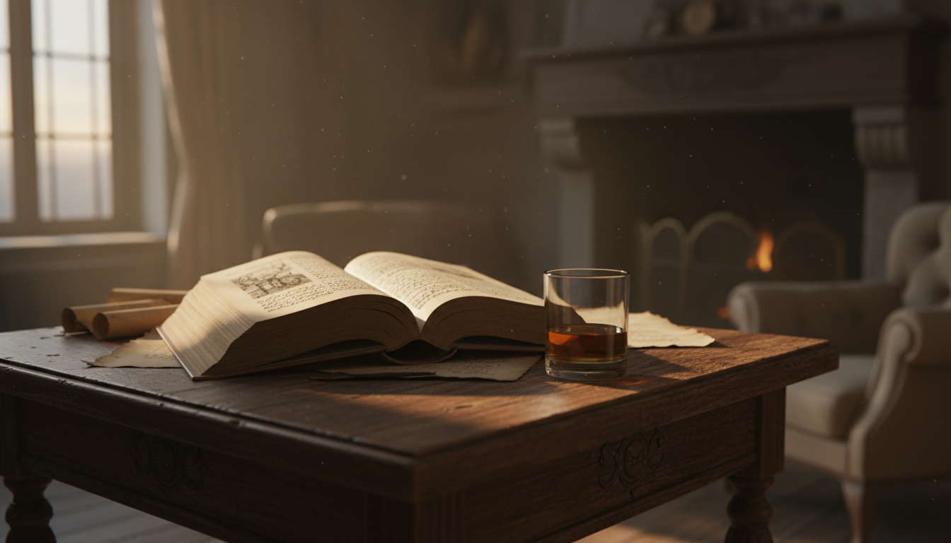 старинная раскрытая книга, стеклянный бокал, тёплый вечерний свет, деревянный стол