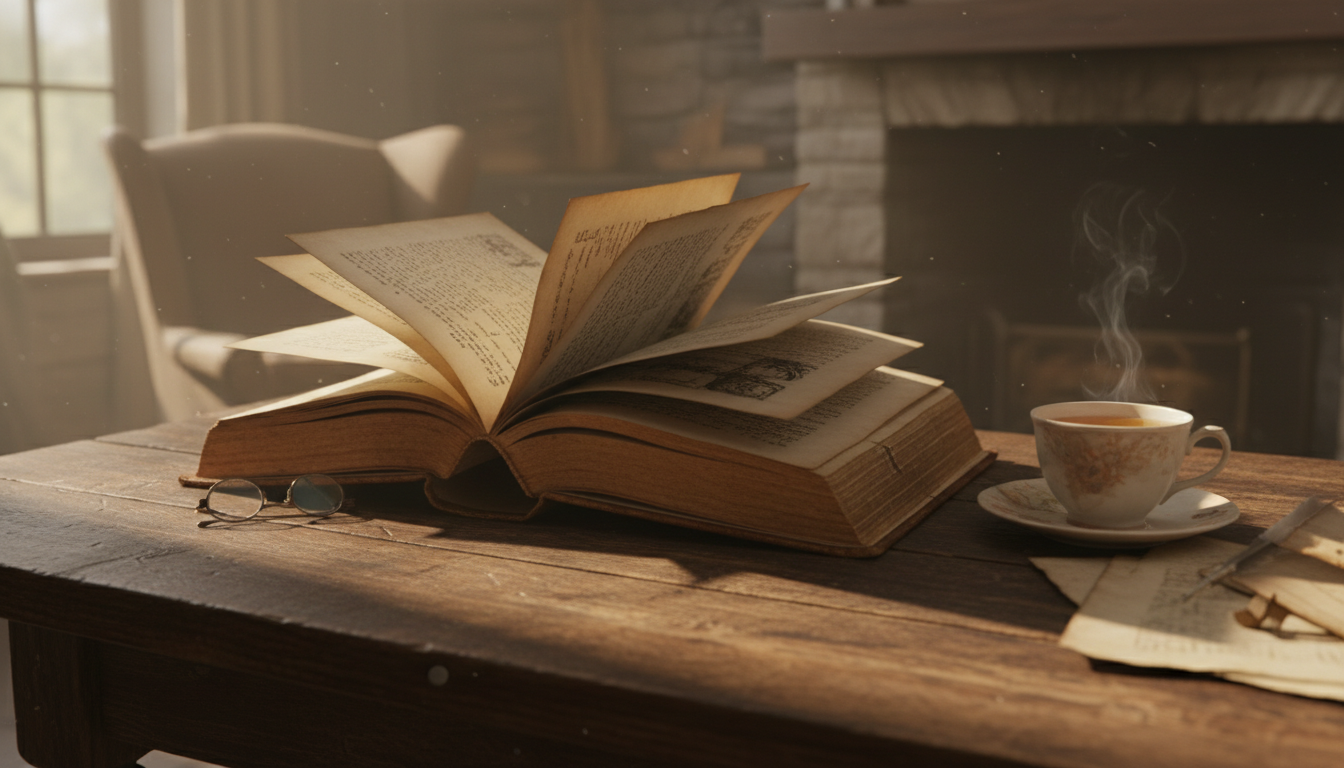 раскрытая старинная книга, чашка чая, утренний мягкий свет, деревянный стол