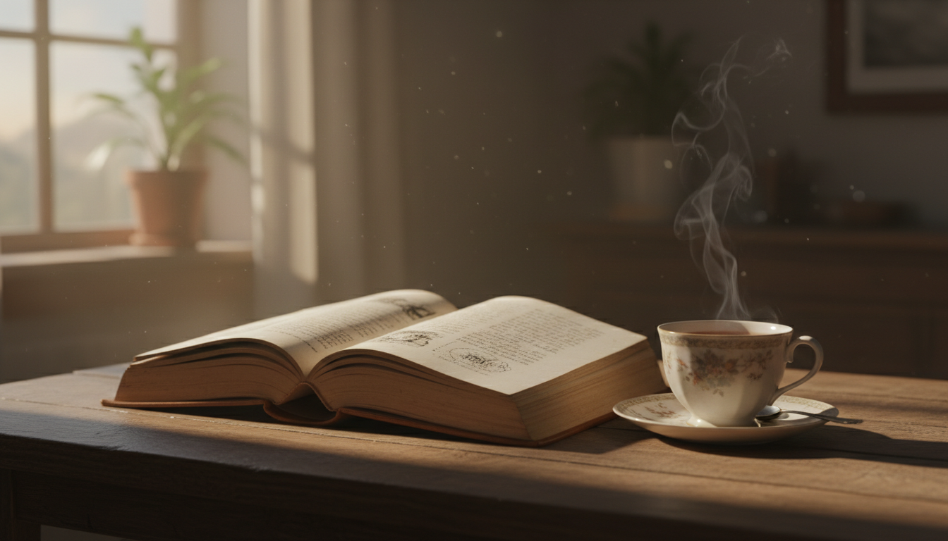 раскрытая книга на деревянном столе, мягкий вечерний свет, чашка чая