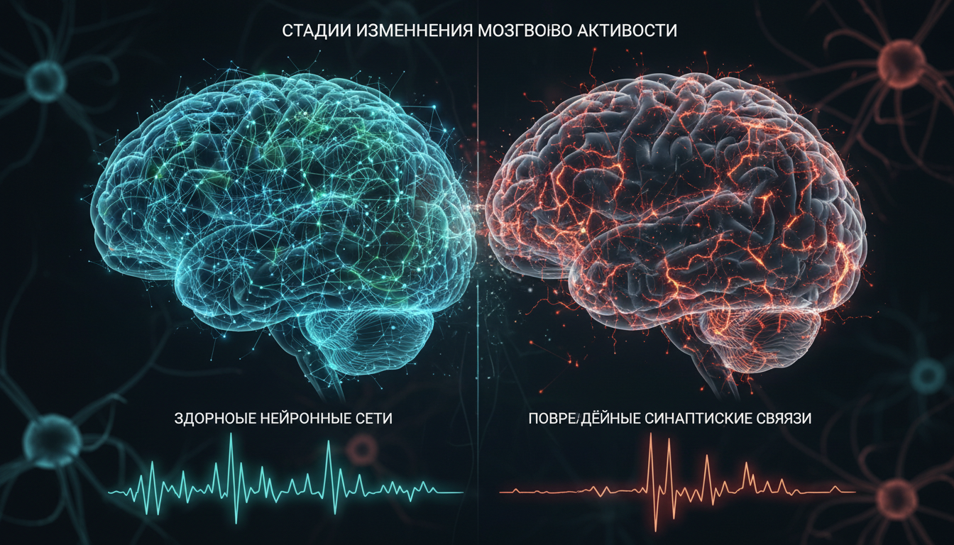 стадии изменения мозговой активности, контраст здоровых нейронных сетей и повреждённых синаптических связей
