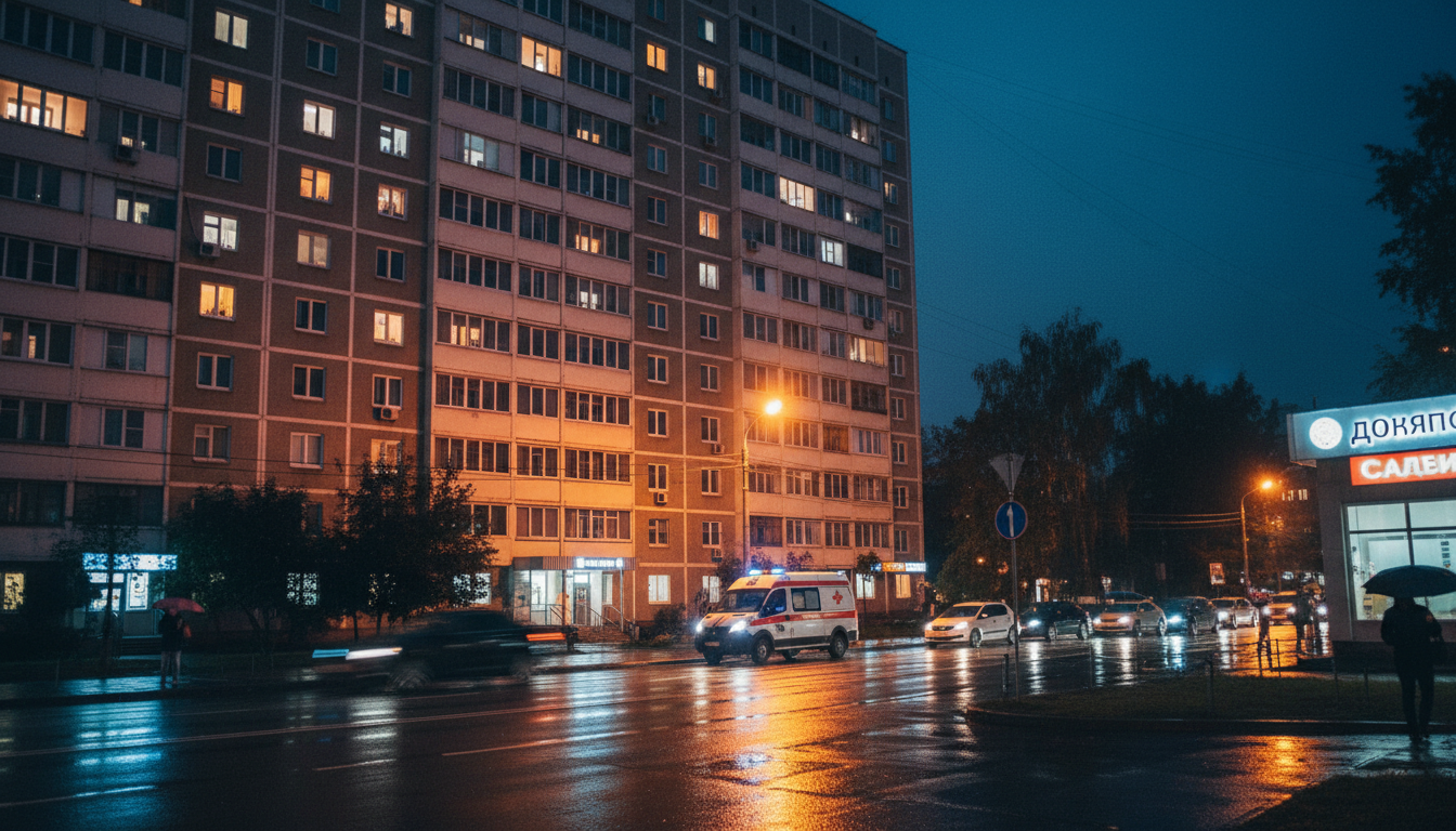 ночной городской пейзаж, освещённые окна жилого дома, медицинский автомобиль у подъезда