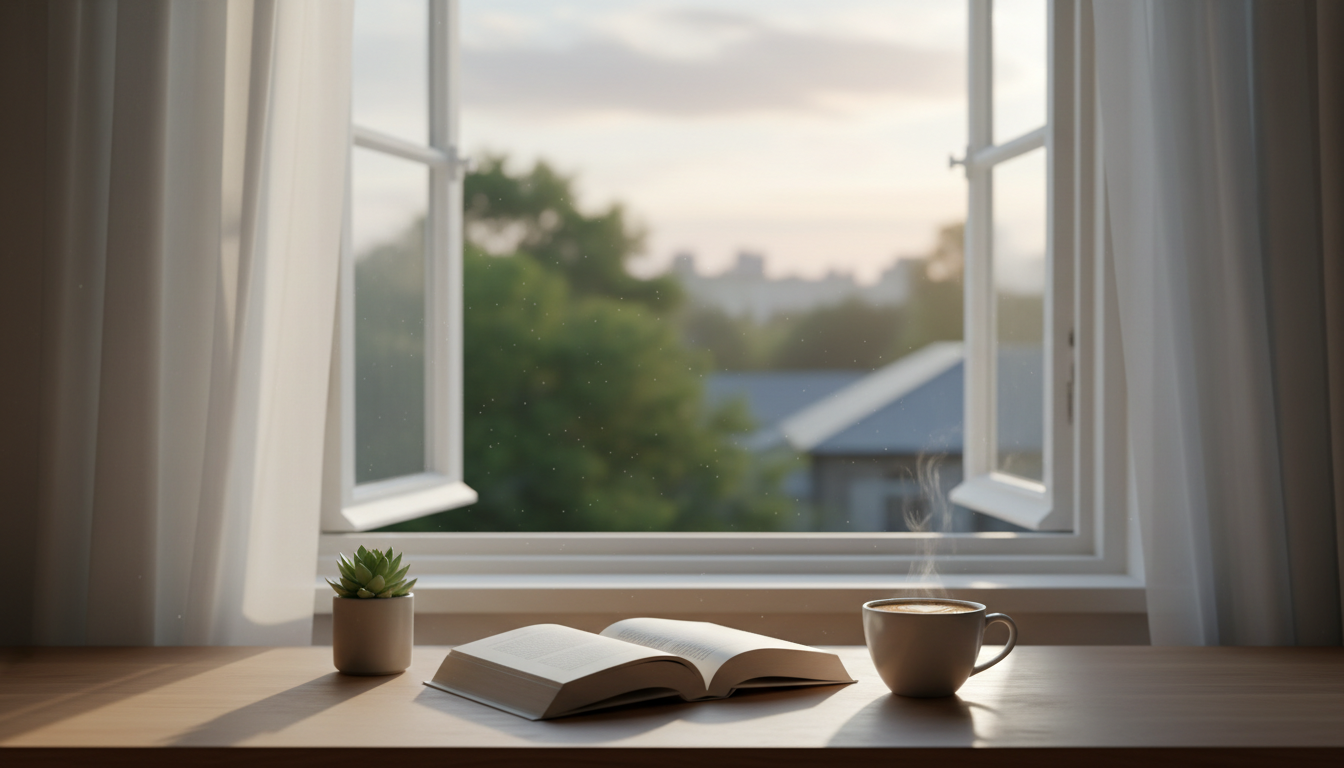 Открытое окно, утренний свет, чистый стол, чашка кофе, книга