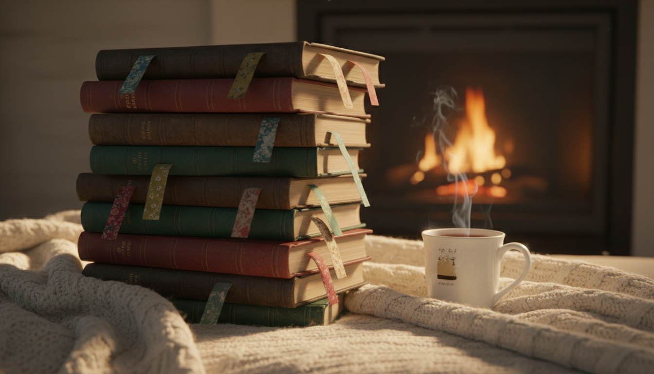 стопка книг с закладками на мягком пледе, тёплое боковое освещение, уютная читальная атмосфера