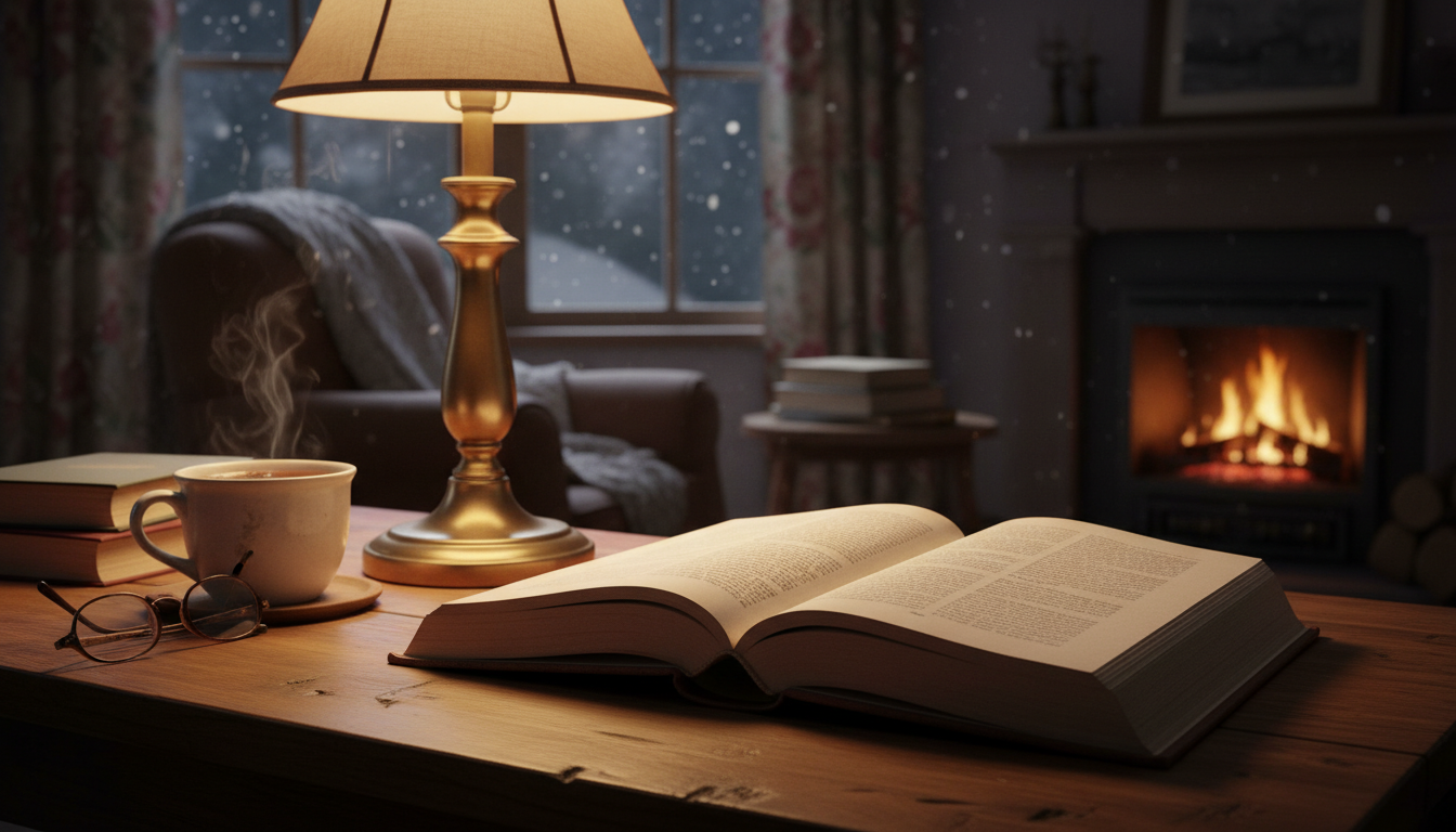 раскрытая книга на деревянном столе, тёплый свет настольной лампы, уютная домашняя обстановка