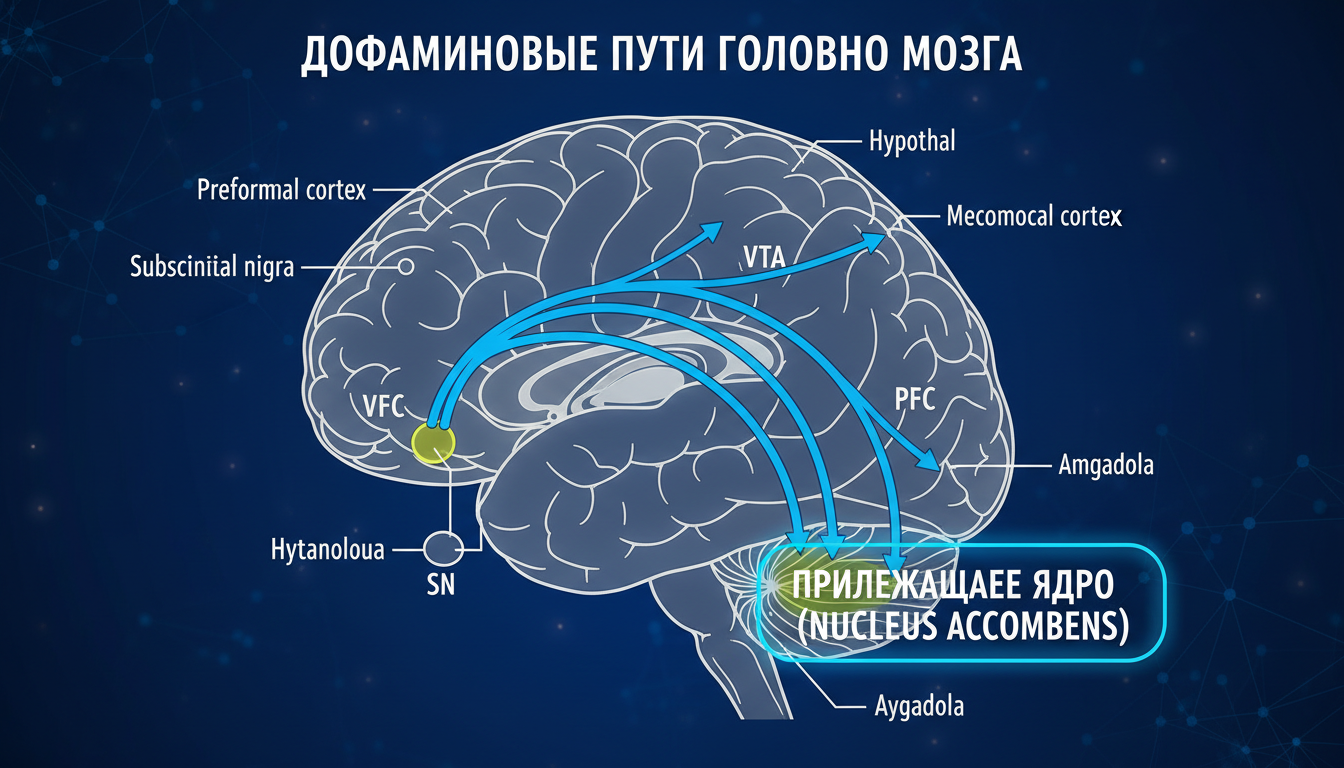схематическое изображение дофаминовых путей головного мозга с выделением прилежащего ядра