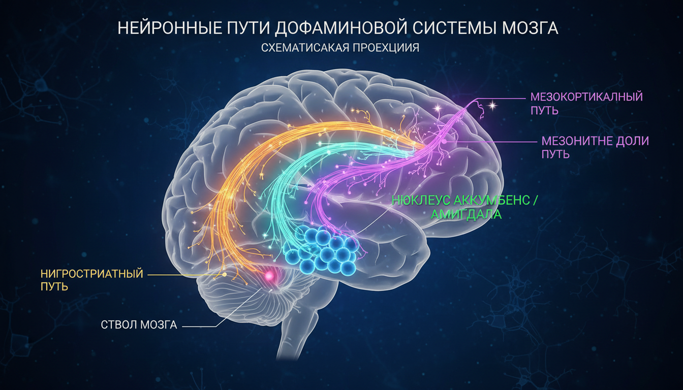 Нейронные пути дофаминовой системы мозга, схематичная проекция от ствола к лобным долям