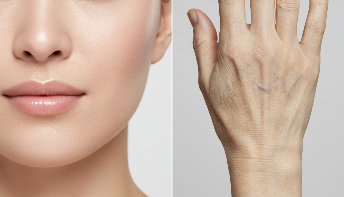 Сравнение здоровой упругой кожи и тусклой увядающей кожи, мягкий студийный свет