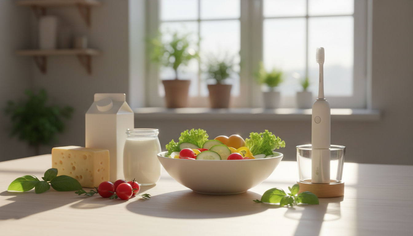 свежие овощи, молочные продукты, зубная щётка на светлом столе, утренний свет