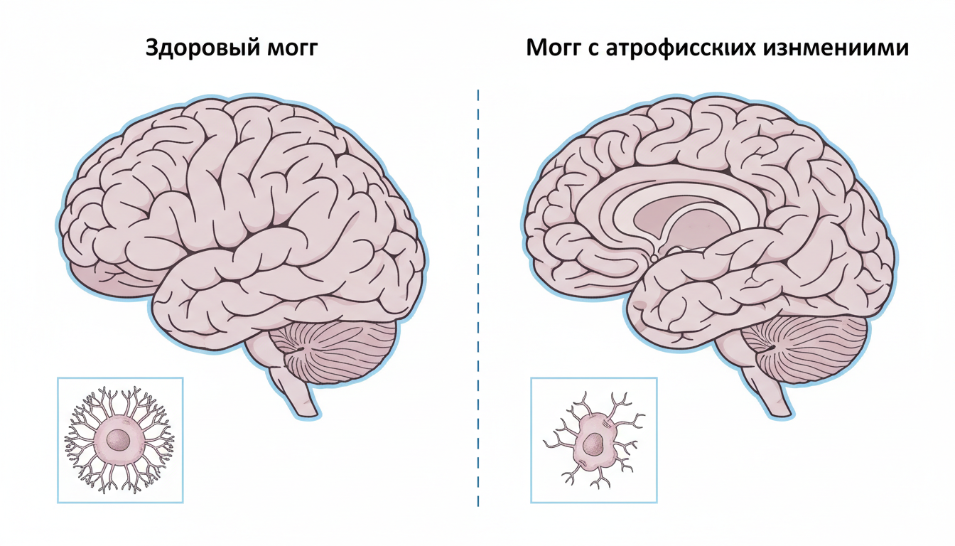 сравнительное схематичное изображение здорового мозга и мозга с атрофическими изменениями