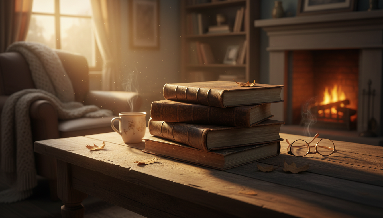 стопка книг на деревянном столе, тёплый вечерний свет, уютная домашняя обстановка