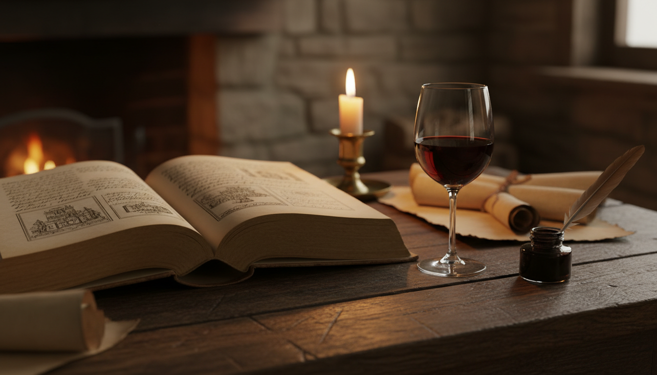 раскрытая старинная книга, бокал вина, тёплый свет свечи, деревянный стол