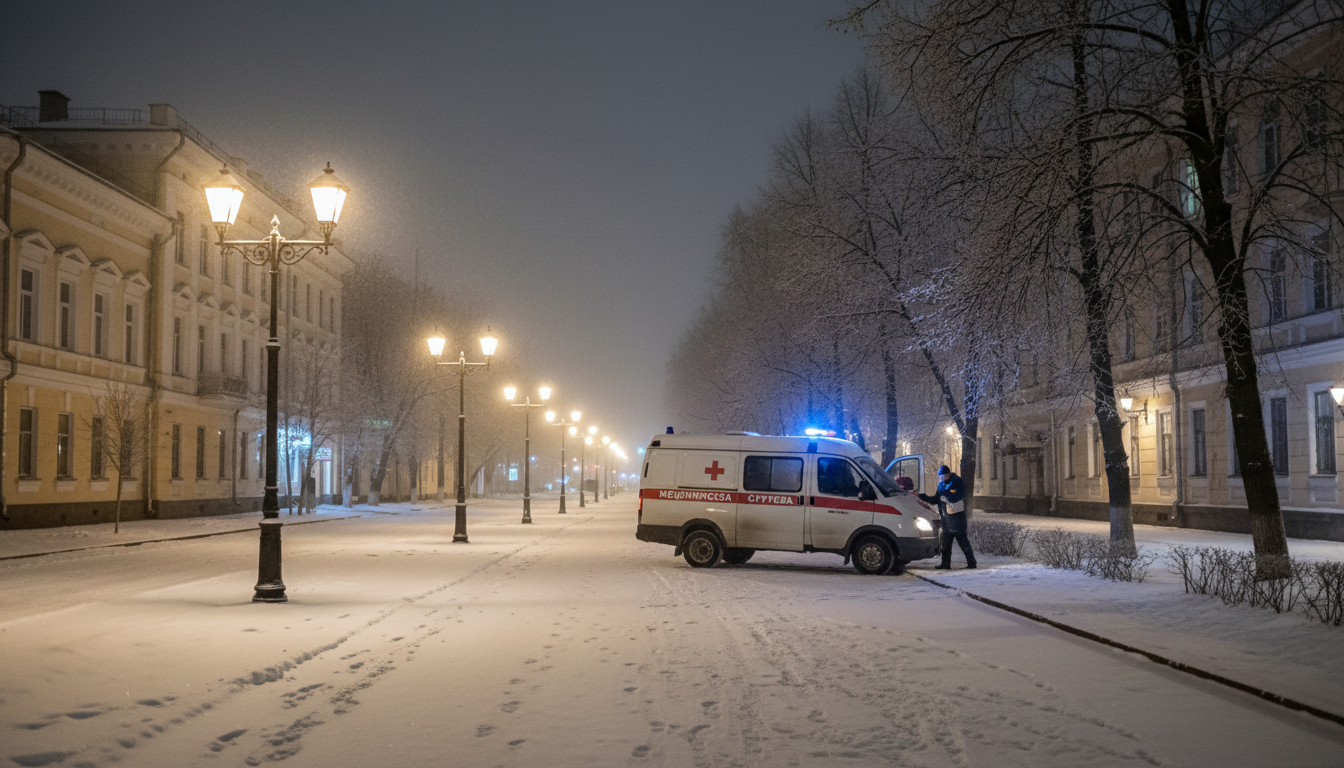 городская улица Воронежа ночью, мягкий свет фонарей, машина медицинской службы, зимний вечер