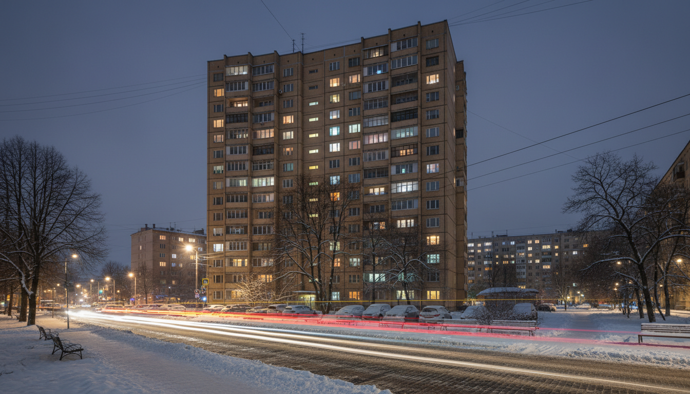 Ночной Санкт-Петербург, жилой квартал, светящиеся окна многоэтажного дома, зимний вечер
