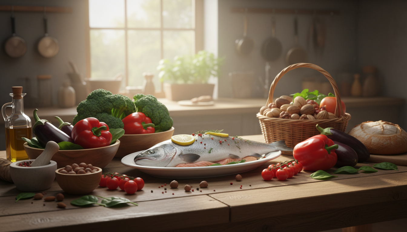 свежие овощи, рыба и орехи на кухонном столе, тёплый дневной свет