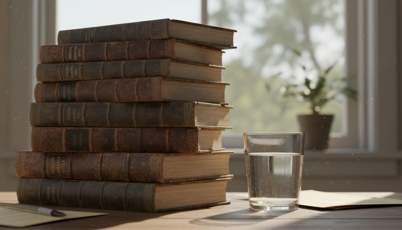 стопка классических книг, стакан воды, утренний рассеянный свет из окна