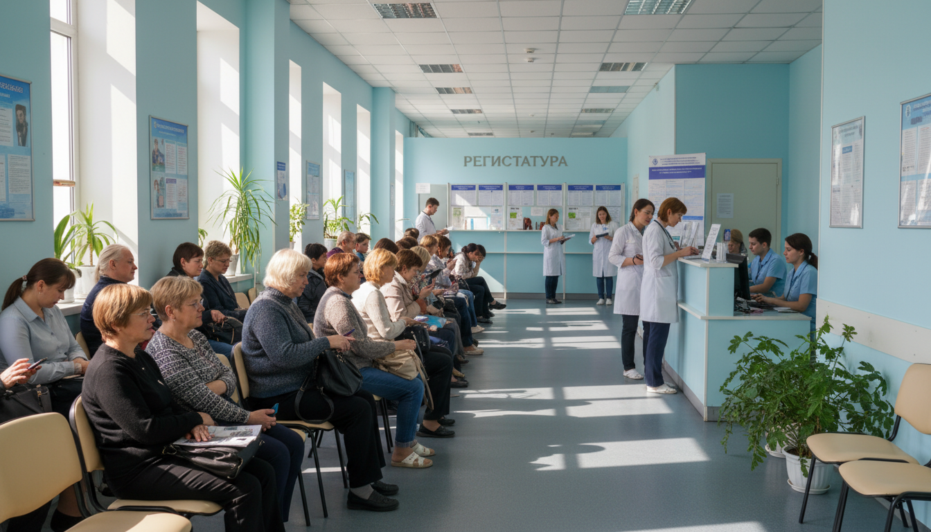 городская поликлиника, очередь пациентов, светлый коридор, медицинский персонал, регистратура