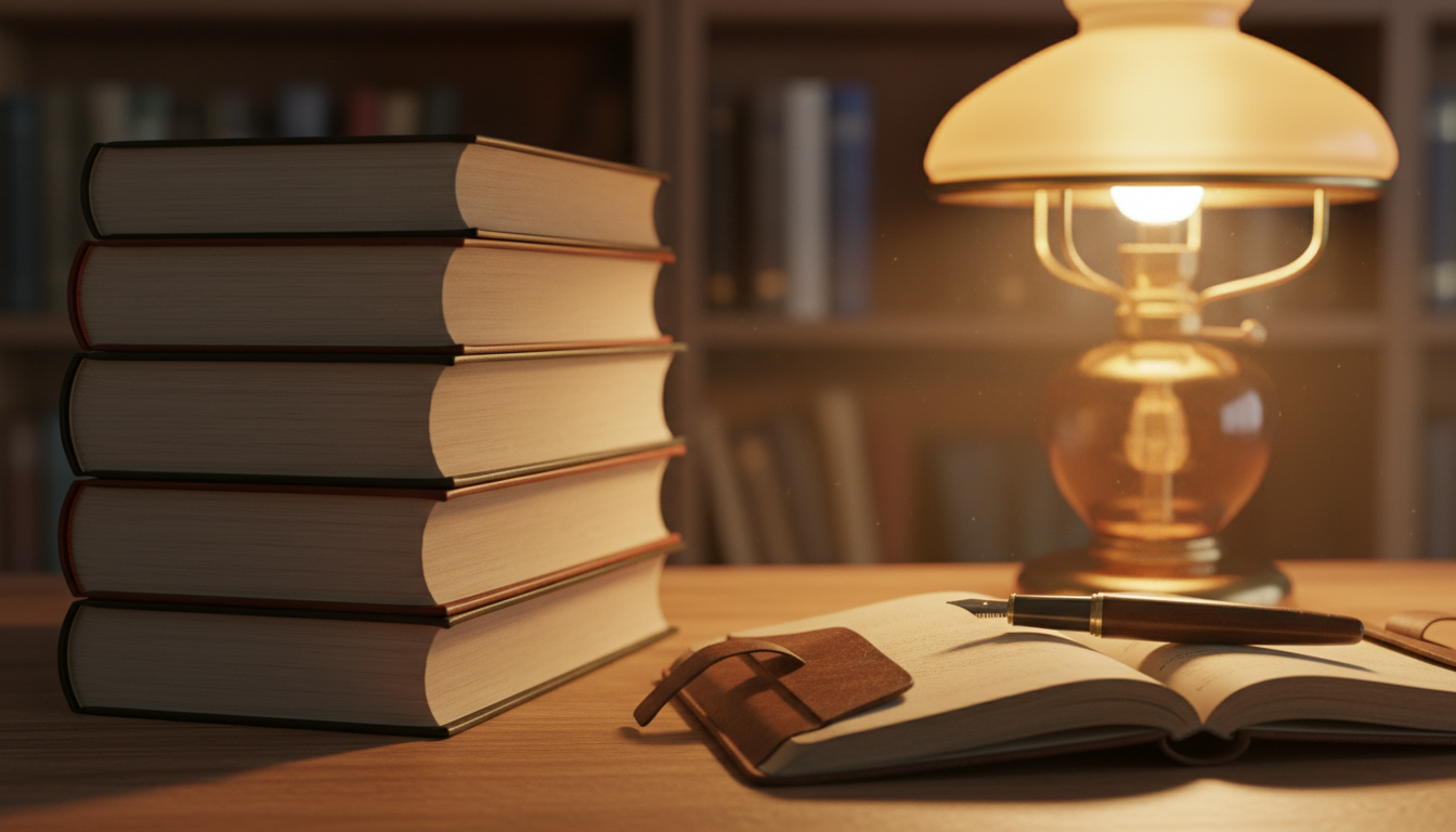 стопка книг на полке, рядом блокнот с ручкой, корешки без надписей, тёплый свет лампы