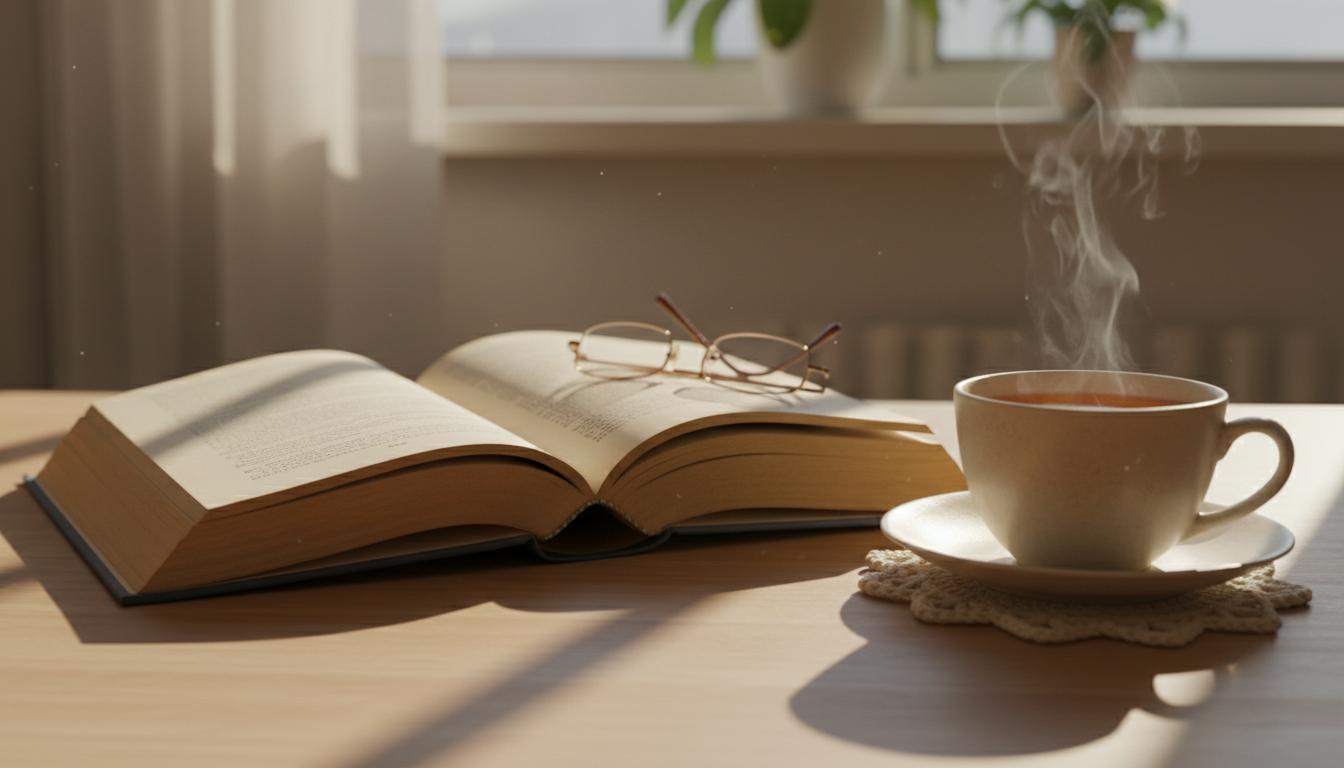 раскрытая книга на столе рядом с чашкой чая, мягкий утренний свет