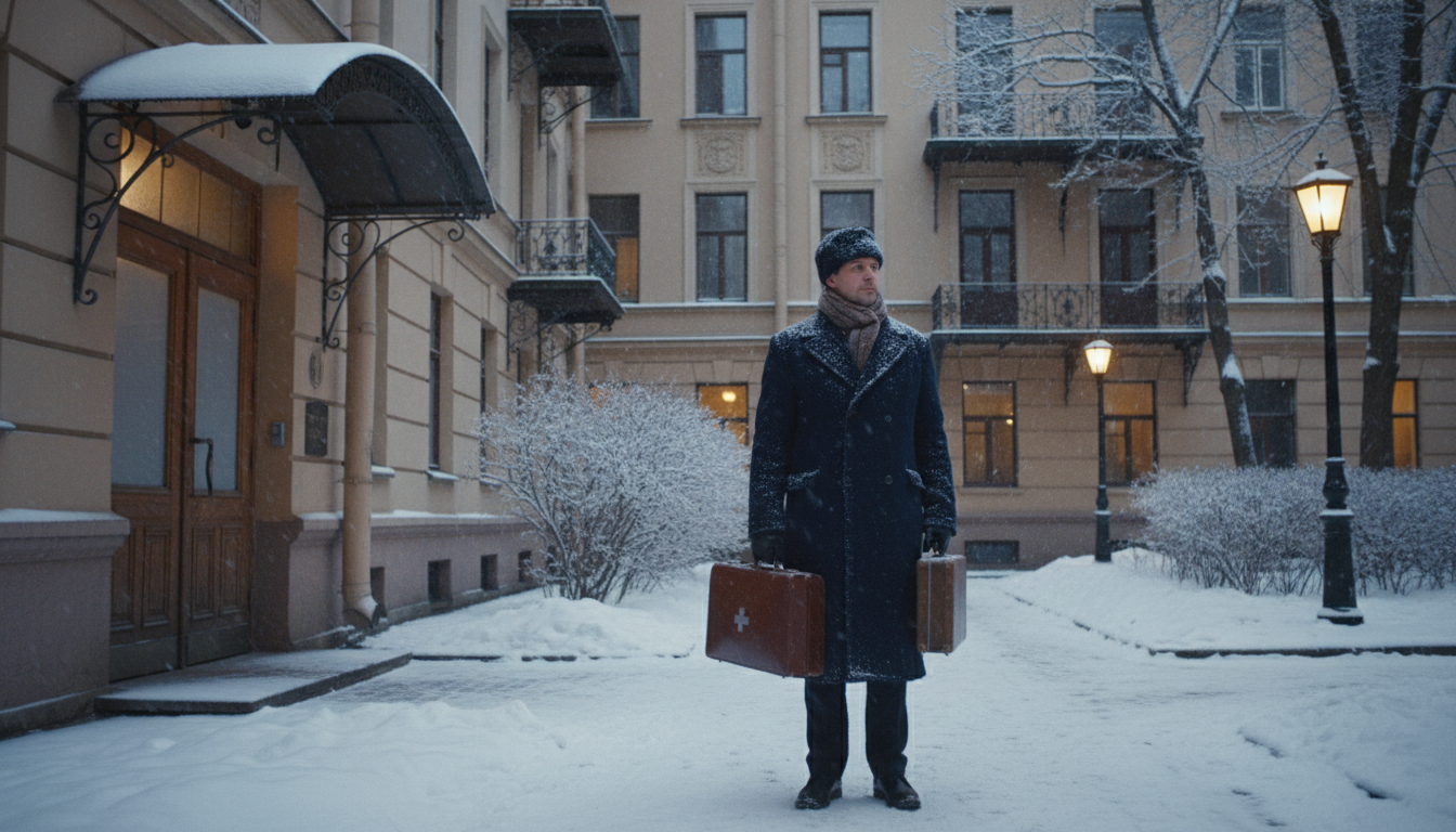 Врач с медицинским чемоданом у дверей жилого дома, зимний петербургский двор
