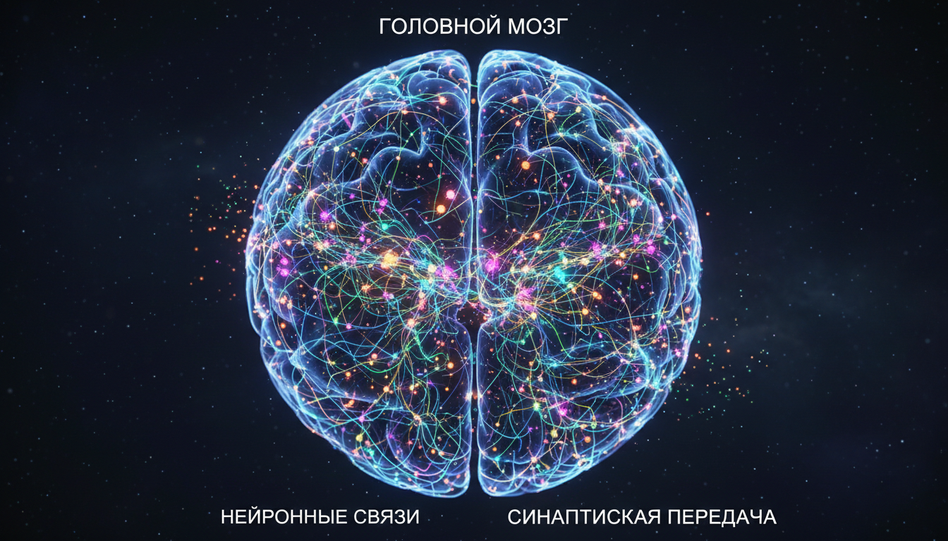 схематичная модель головного мозга, нейронные связи, синаптическая передача сигналов