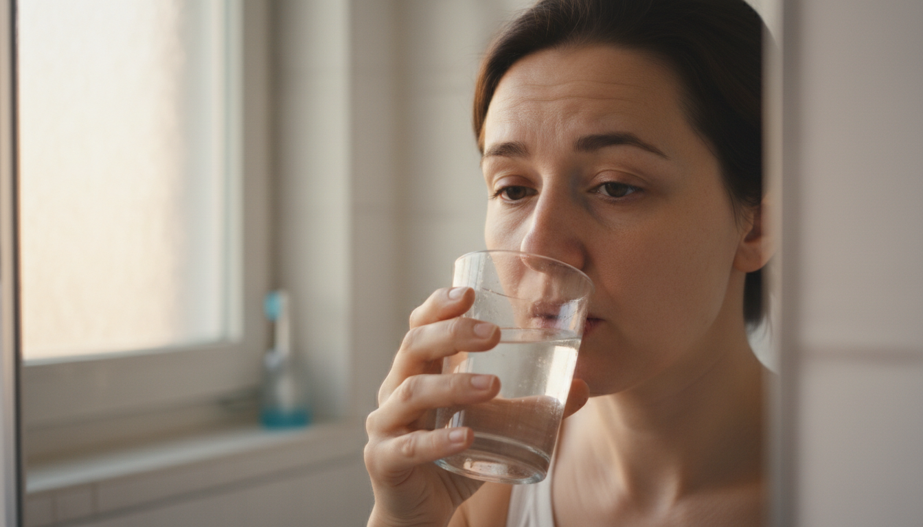 отёчное уставшее лицо, стакан воды, утреннее зеркало, мягкий свет