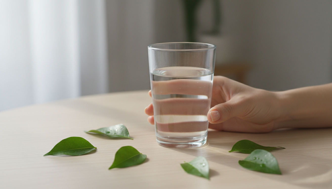 стакан чистой воды, женская рука, светлый стол, свежие зелёные листья, мягкий дневной свет