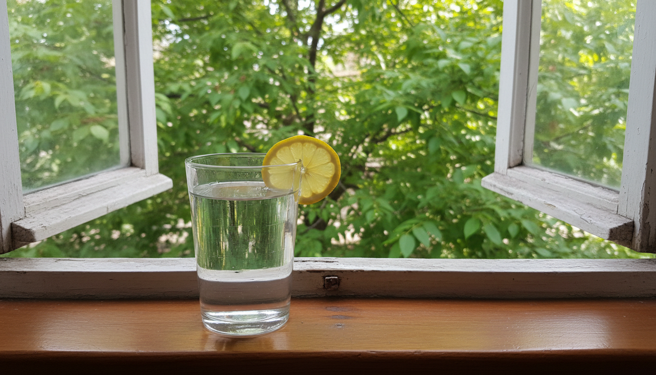 Стакан чистой воды, ломтик лимона, свежий воздух, открытое окно, зелёная листва