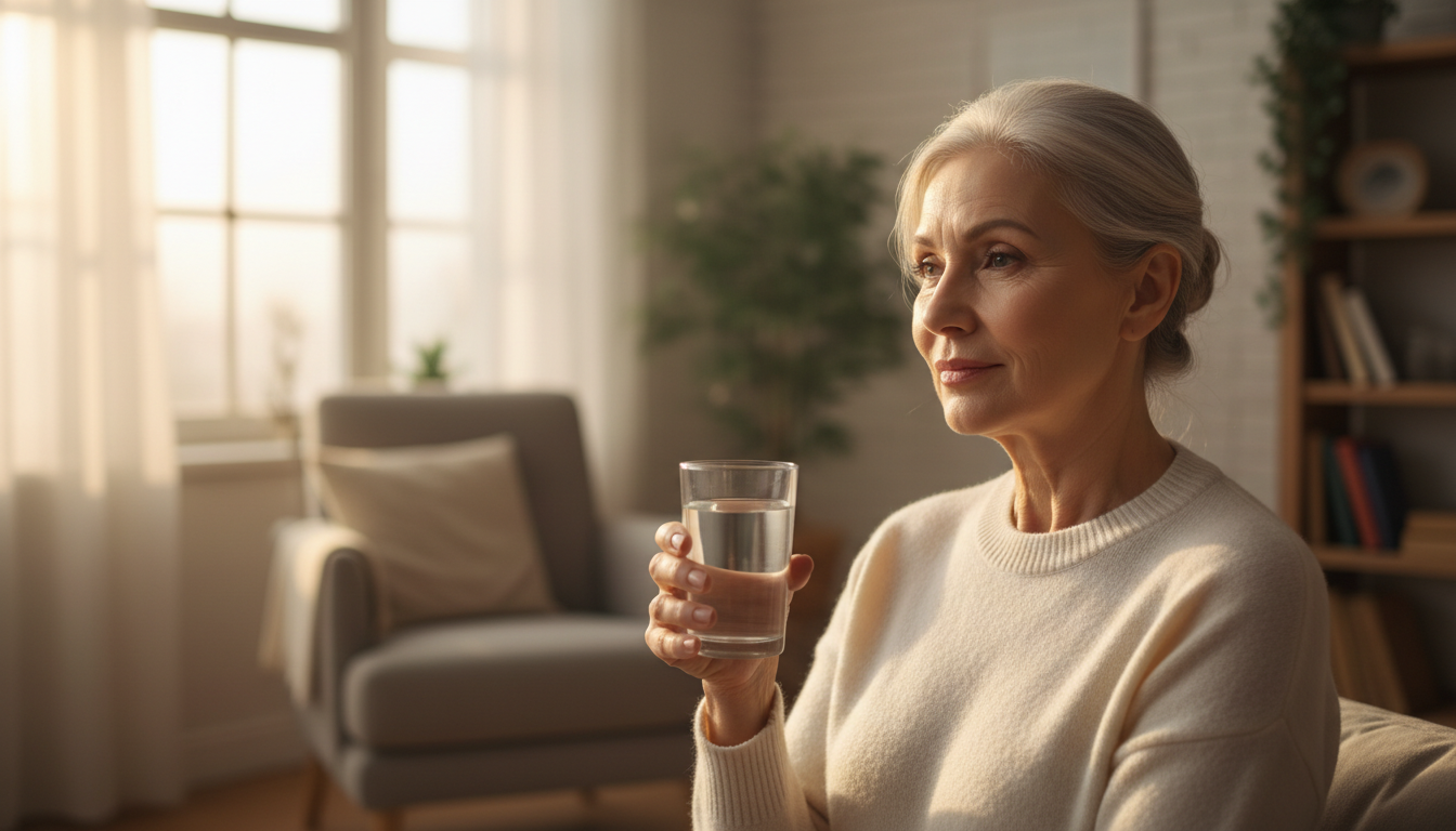Зрелая женщина с ухоженным лицом, стакан чистой воды, утренний солнечный свет, домашний уют