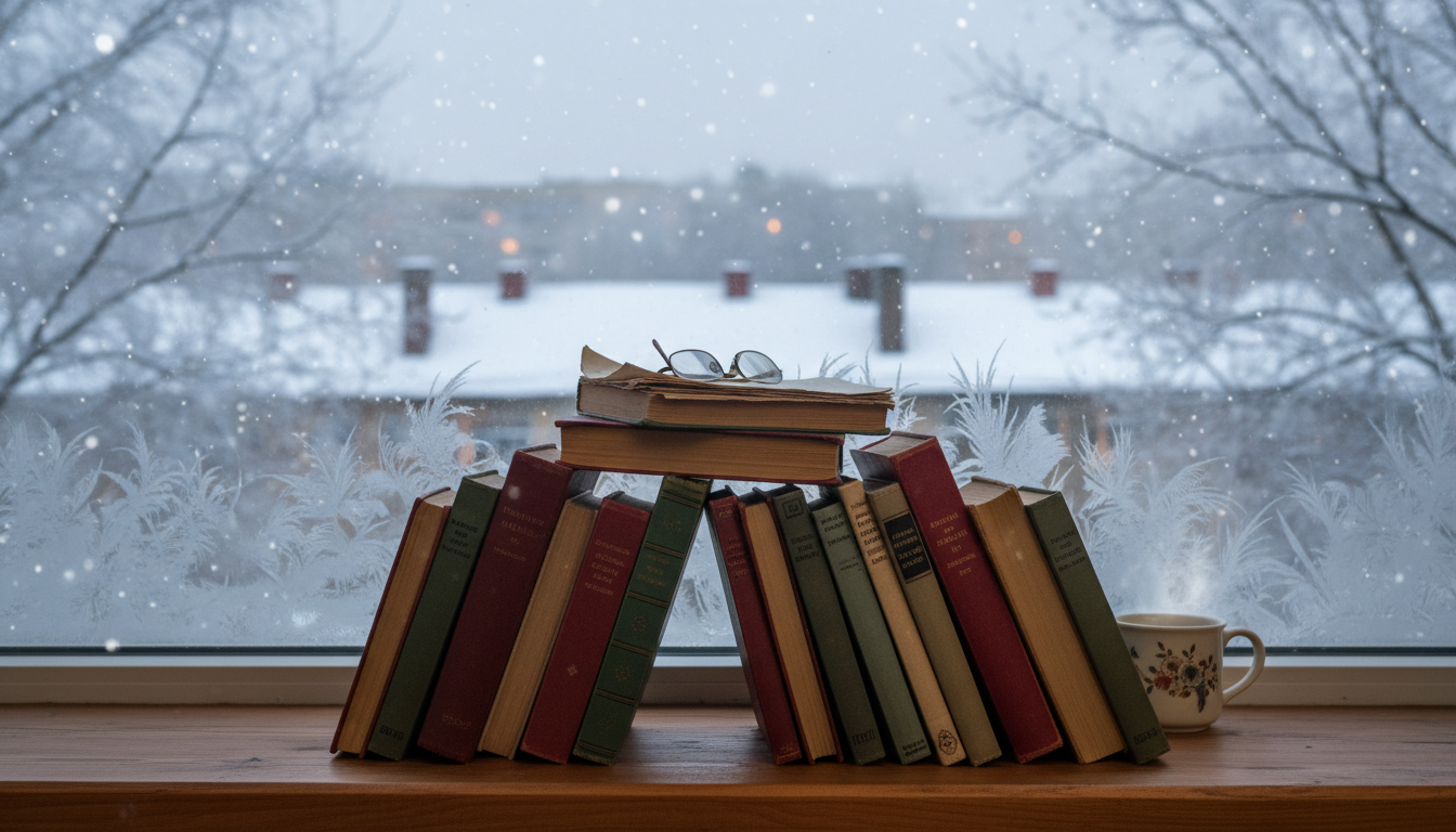 стопка книг на подоконнике, за окном зимний городской пейзаж