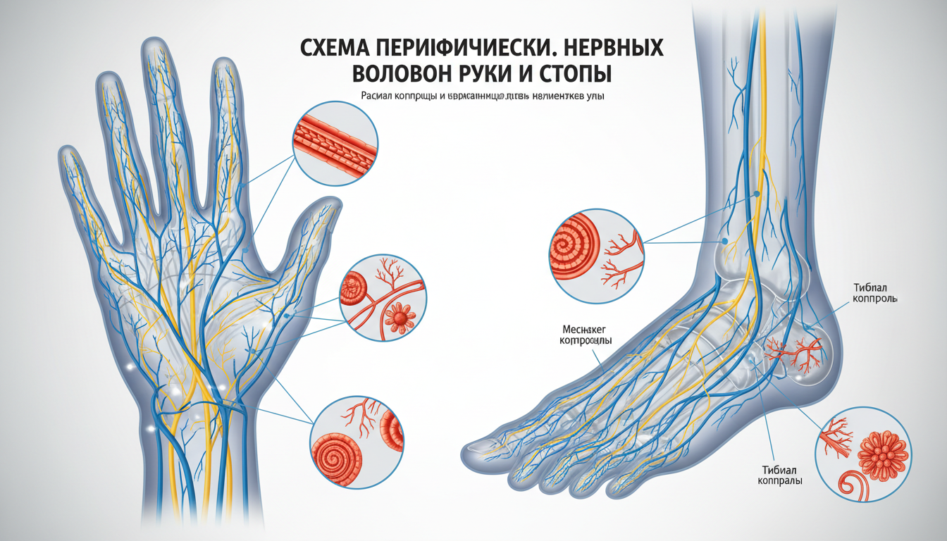 Схема периферических нервных волокон руки и стопы, нервные окончания, анатомическая модель