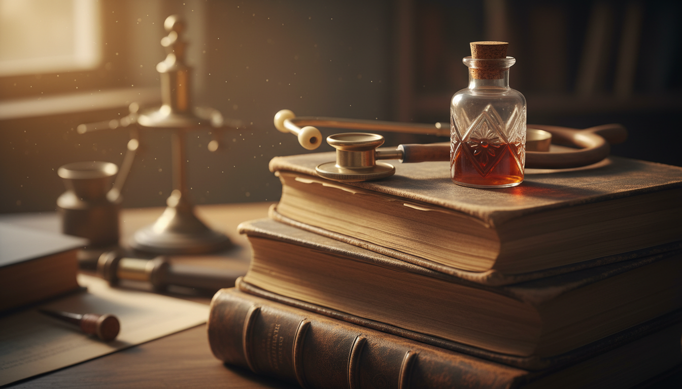 стопка старинных медицинских книг, стетоскоп, стеклянный флакон, тёплый свет