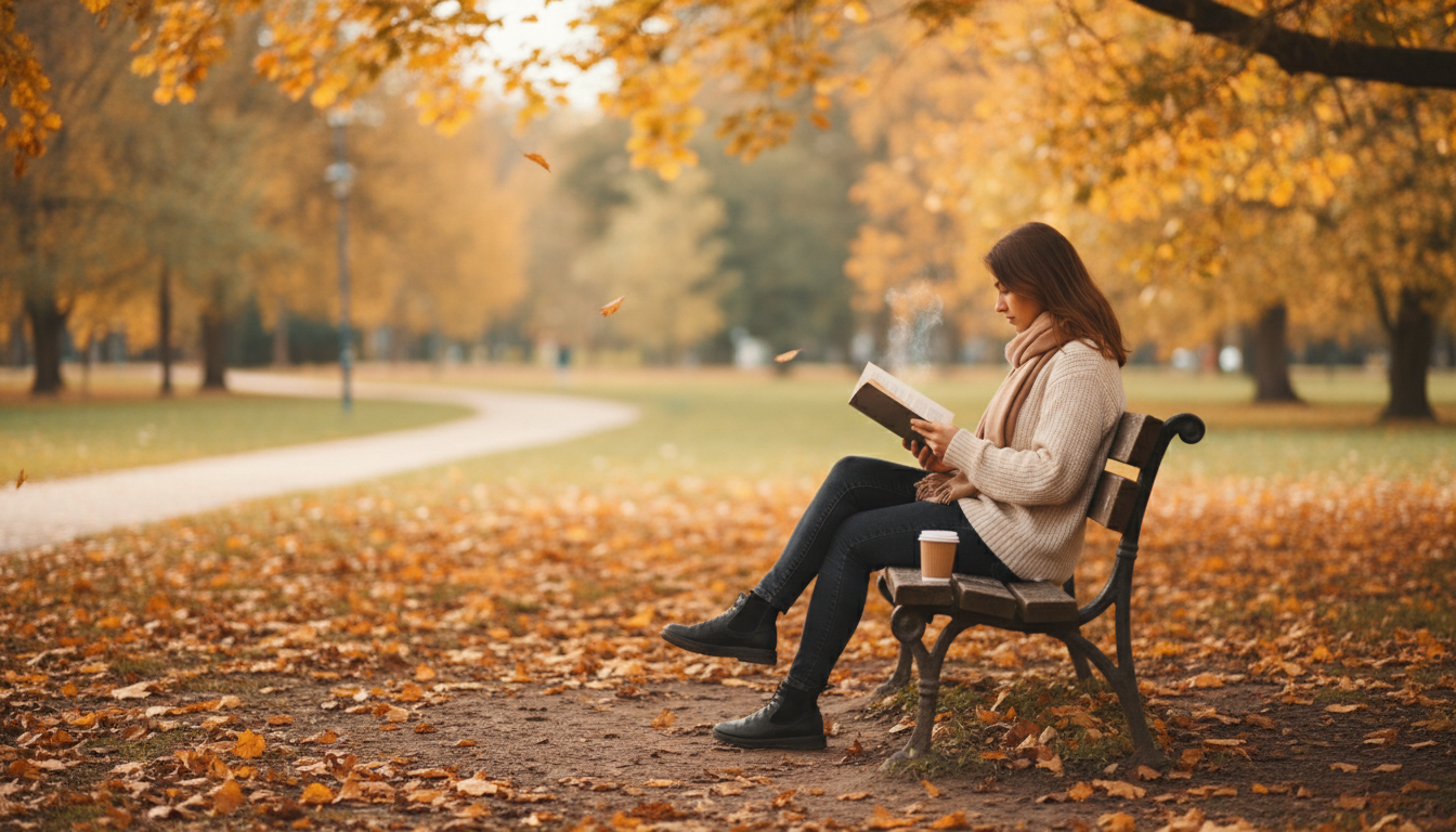 человек с книгой на скамейке в осеннем парке, жёлтые листья, спокойная атмосфера