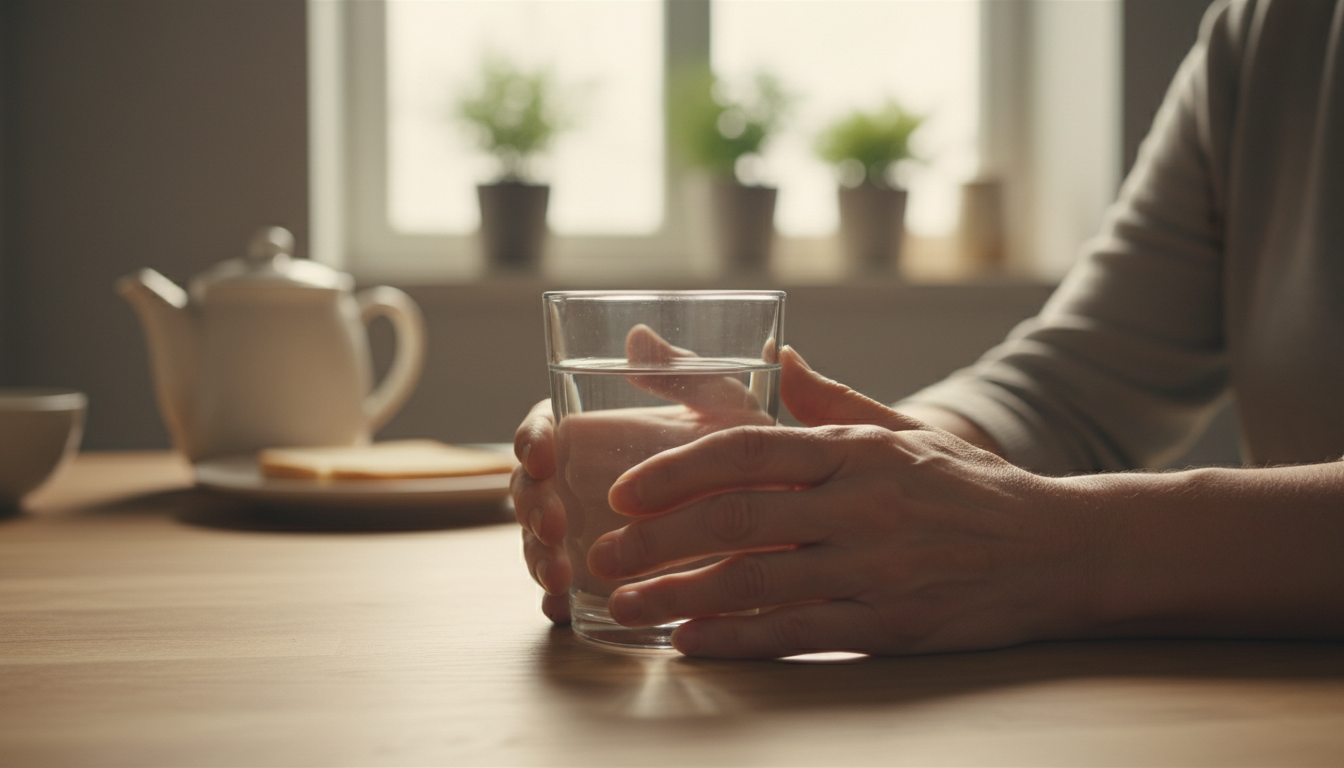Утренняя кухня, стакан воды, обеспокоенные заботливые руки родственника