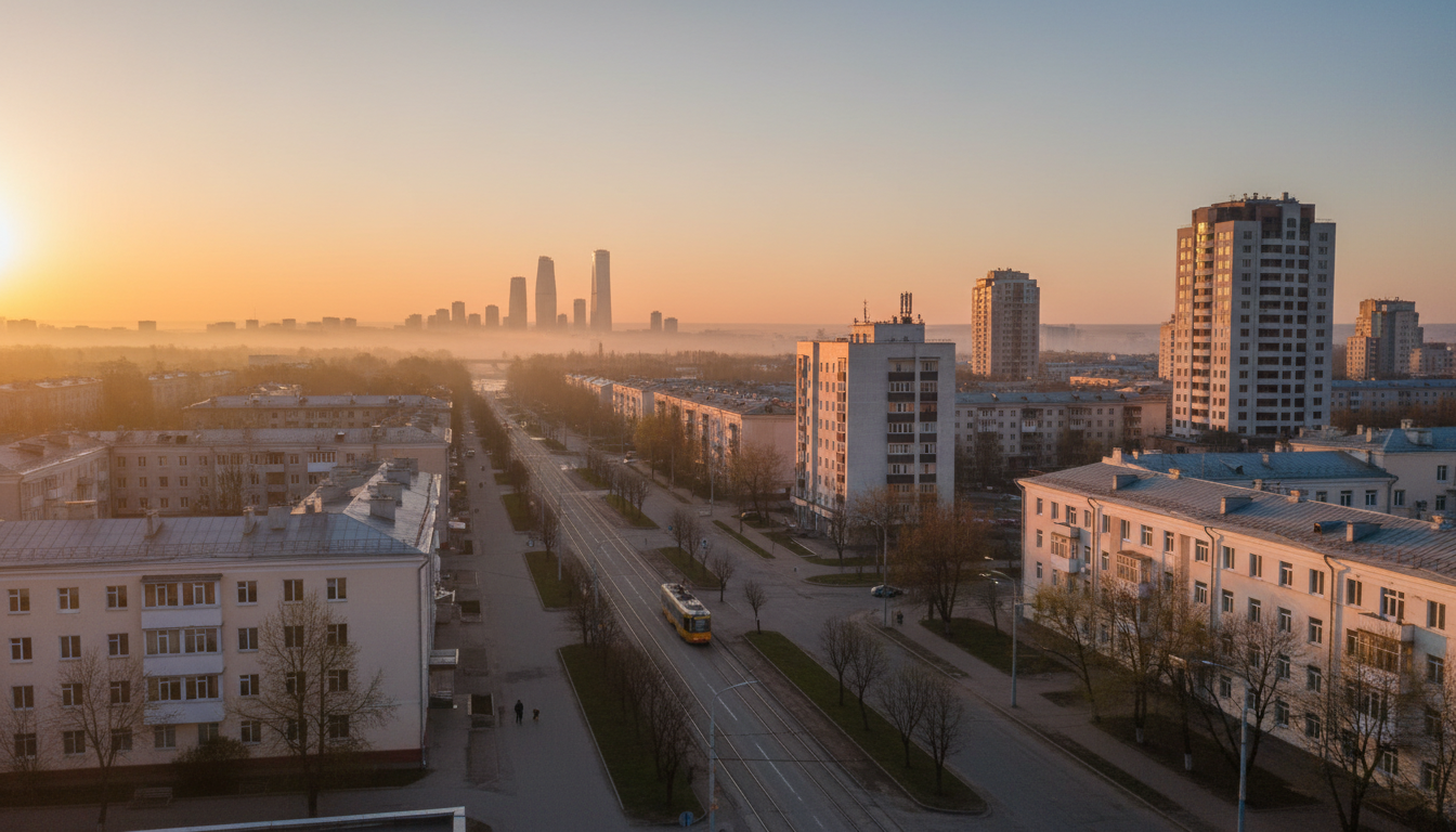 Утренний городской пейзаж Екатеринбурга, жилой квартал, рассветное небо, спокойная улица