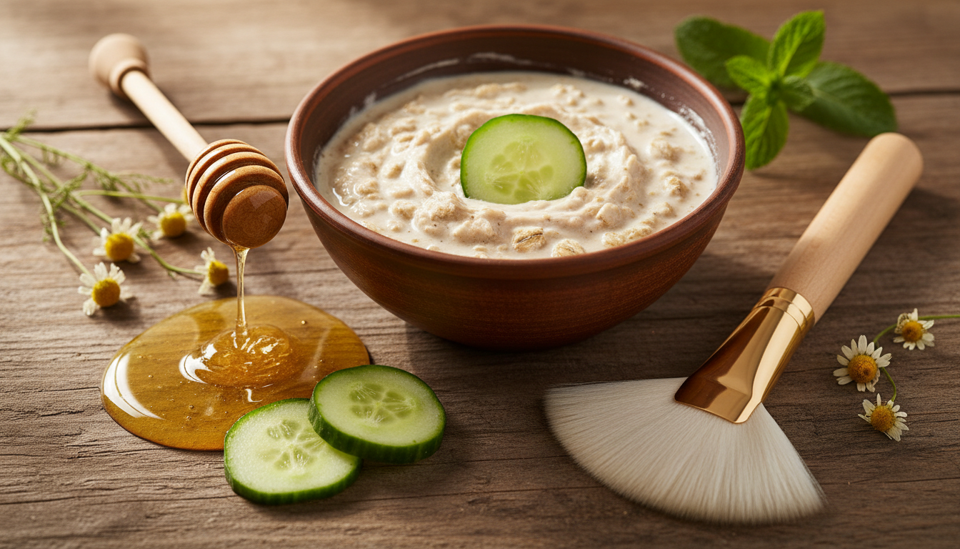 Домашняя глиняная миска с овсяной маской, мёд, свежий огурец, мягкая кисточка для нанесения
