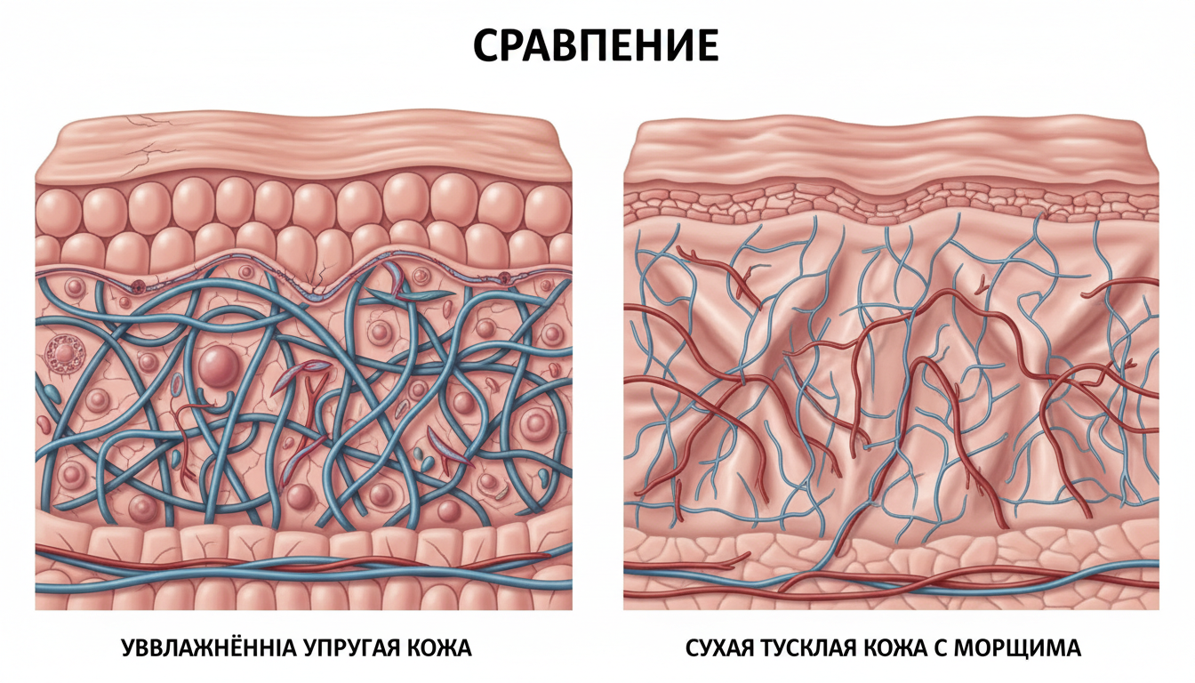 Сравнение увлажнённой упругой кожи и сухой тусклой кожи с выраженными морщинами, схематичный дерматологический ракурс