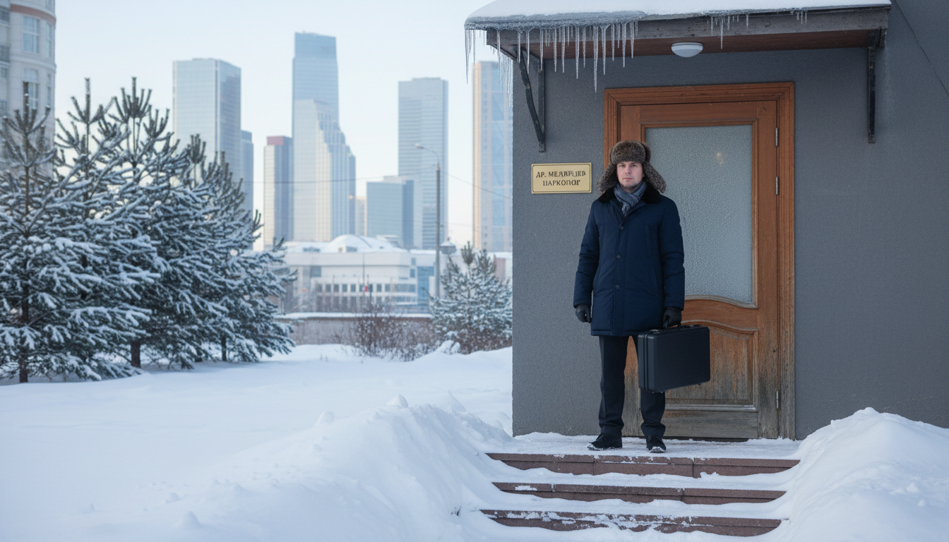врач-нарколог с медицинским чемоданом у входной двери, зимний Екатеринбург, дневной свет