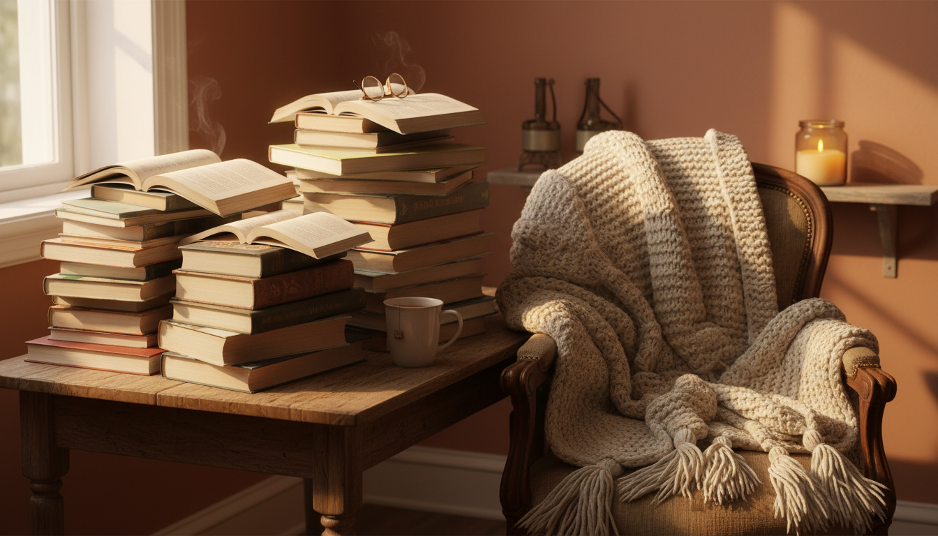стопка книг разного формата, мягкий плед, домашняя обстановка, тёплые тона