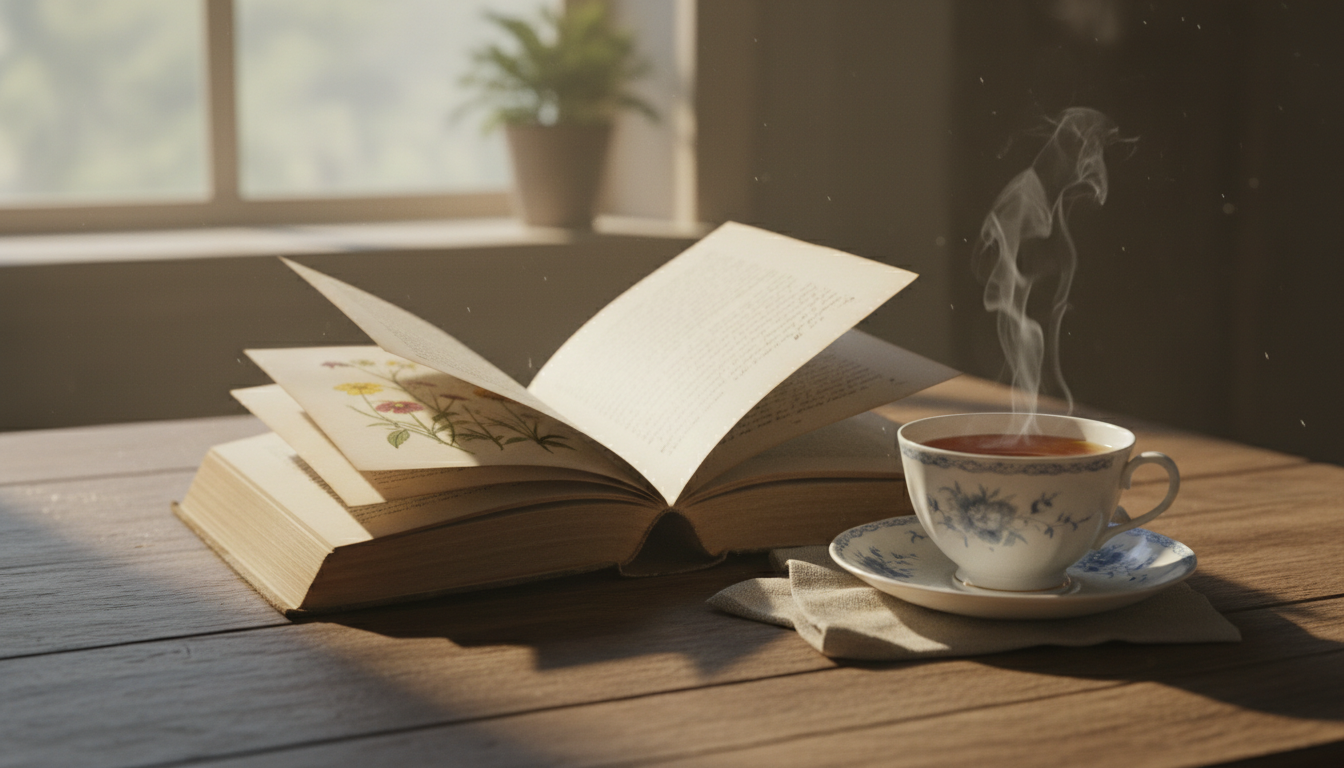 раскрытая книга на деревянном столе рядом с чашкой чая, мягкий утренний свет